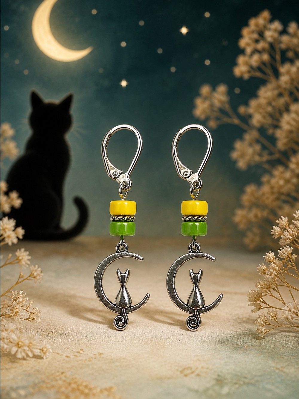 Cat Moon Earrings Lemon Lime Glass Bead Dangle Silver Tone